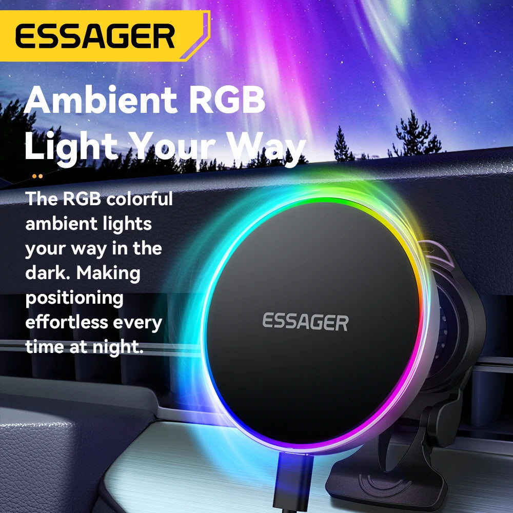 Essager 15W Car Charger Holder Adjustable 360 Degrees Fast Charging Magnetic Car Holder Wireless Charger for Iphone 16 15 14 Pro