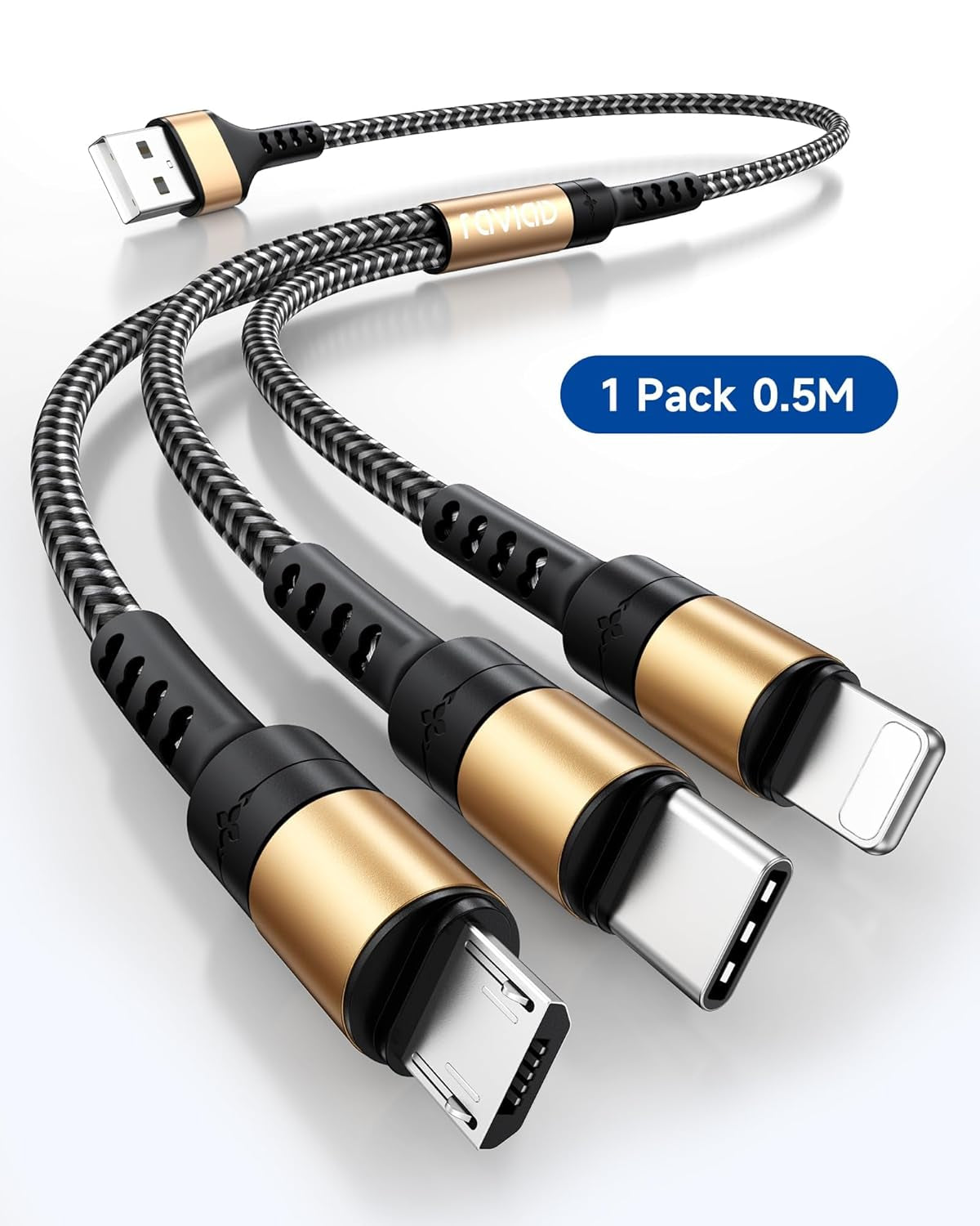 Multi Charger Cable Short [0.5M] 3 in 1 Charging Cable USB Cable Phone Charger Cable with Lightning + USB C + Micro Connector for Phone, Android Samsung Galaxy, Huawei, Oneplus, Kindle- Gold