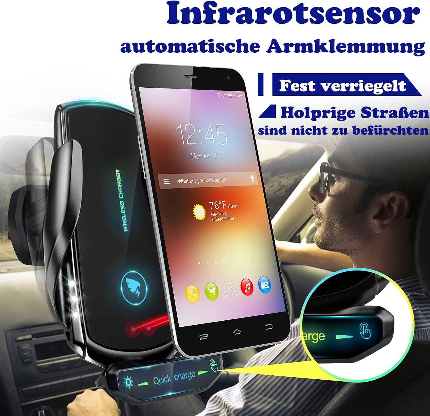 Wireless Car Charger, [Electromagnetic Sense] Qi 15W Fast in Car Wireless Charger Automatic Sensor Phone Holder Vent Mount Compatible with All Apple Iphone Android Smartphone (Black)