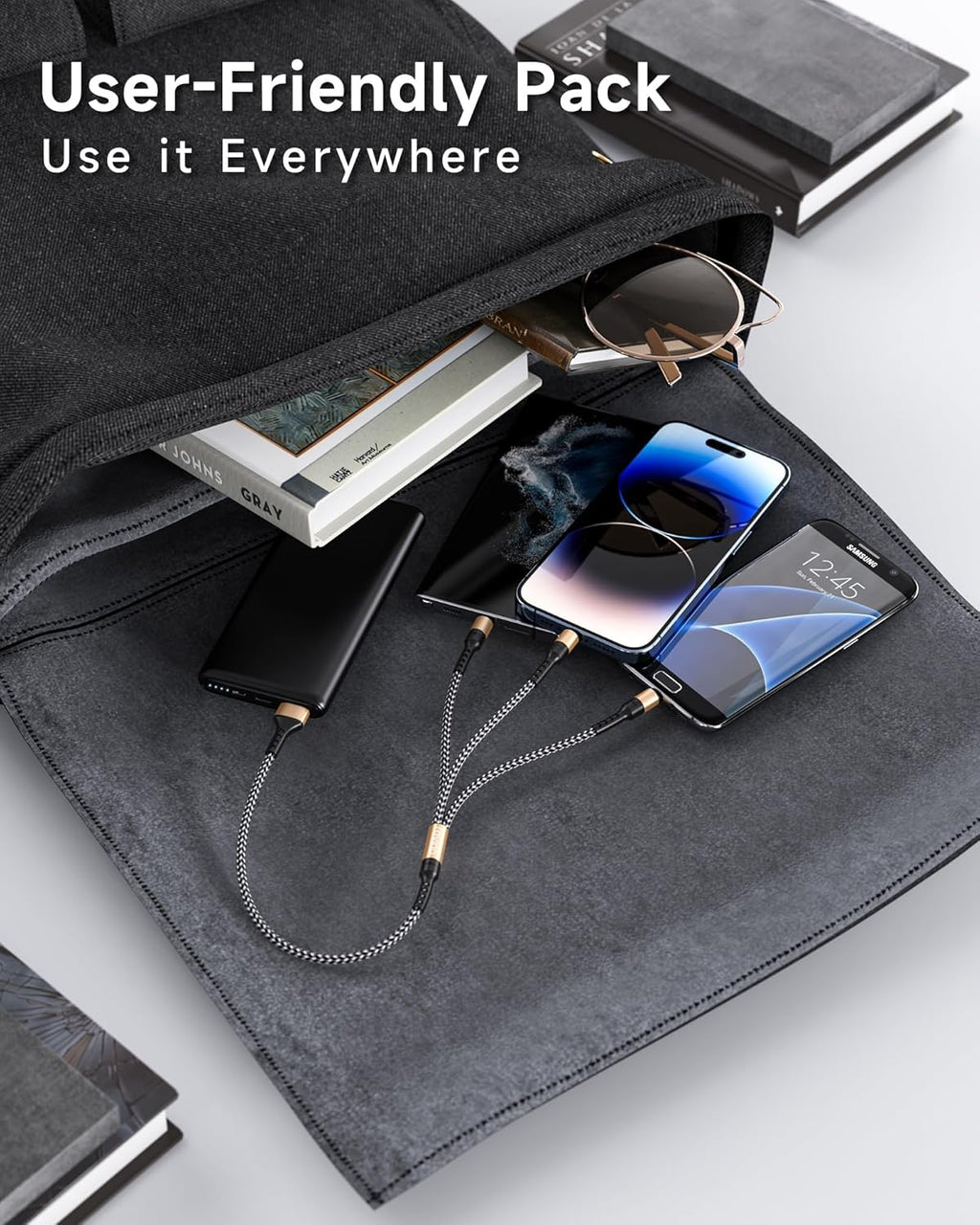 Multi Charger Cable Short [0.5M] 3 in 1 Charging Cable USB Cable Phone Charger Cable with Lightning + USB C + Micro Connector for Phone, Android Samsung Galaxy, Huawei, Oneplus, Kindle- Gold