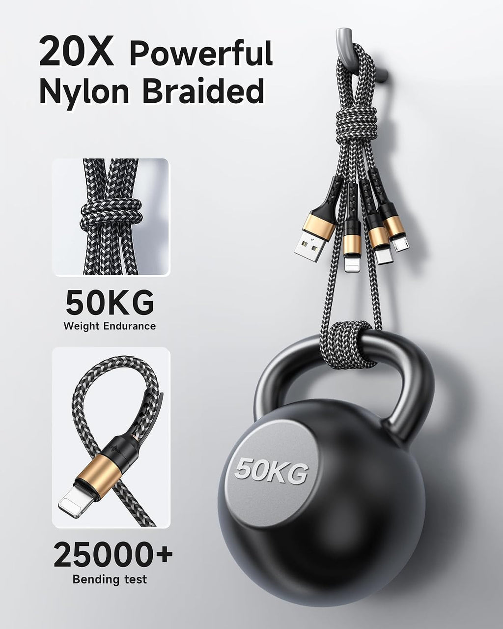 Multi Charger Cable Short [0.5M] 3 in 1 Charging Cable USB Cable Phone Charger Cable with Lightning + USB C + Micro Connector for Phone, Android Samsung Galaxy, Huawei, Oneplus, Kindle- Gold