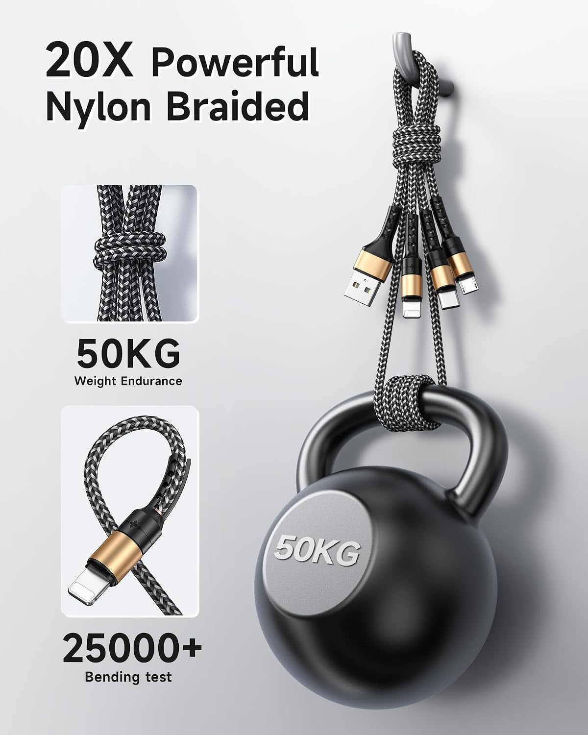 Multi Charger Cable Short [0.5M] 3 in 1 Charging Cable USB Cable Phone Charger Cable with Lightning + USB C + Micro Connector for Phone, Android Samsung Galaxy, Huawei, Oneplus, Kindle- Gold
