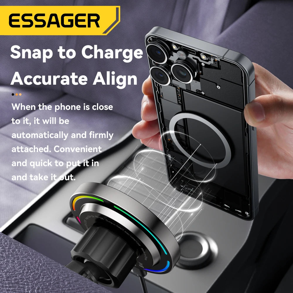 Essager 15W Car Charger Holder Adjustable 360 Degrees Fast Charging Magnetic Car Holder Wireless Charger for Iphone 16 15 14 Pro