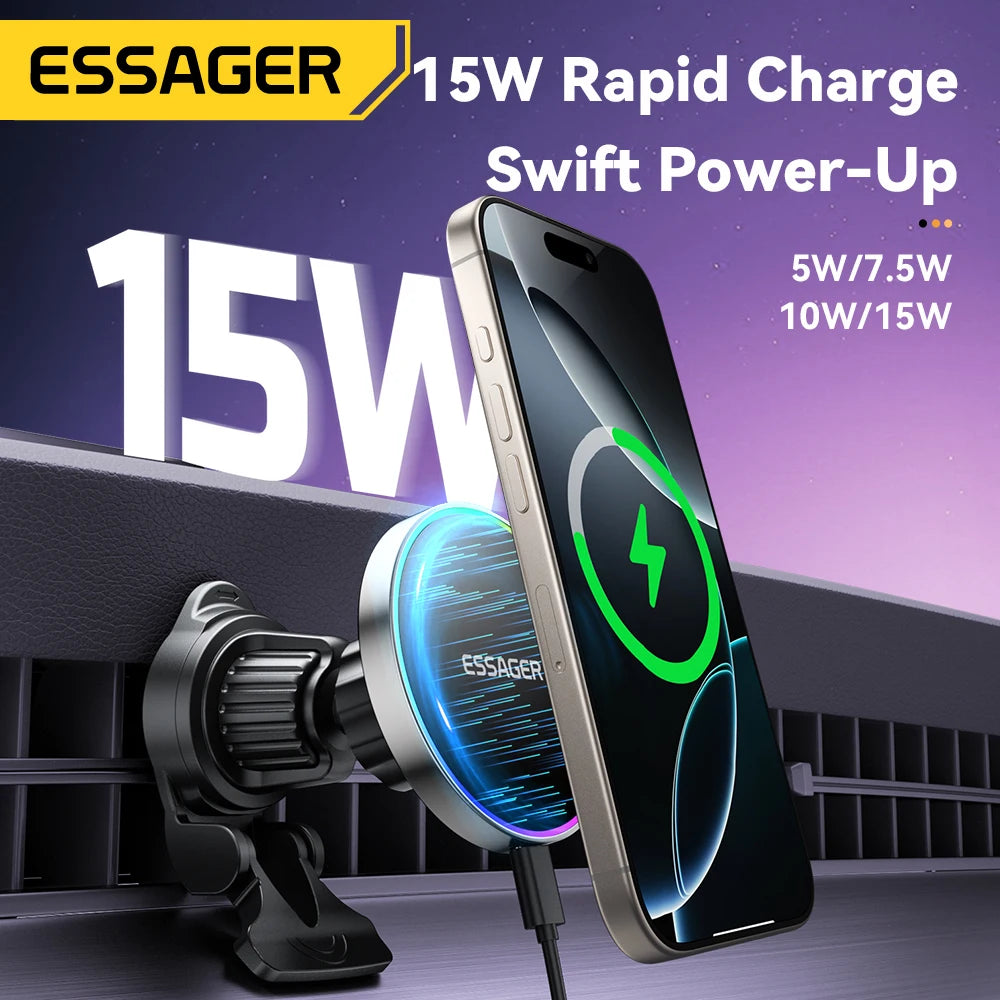 Essager 15W Car Charger Holder Adjustable 360 Degrees Fast Charging Magnetic Car Holder Wireless Charger for Iphone 16 15 14 Pro