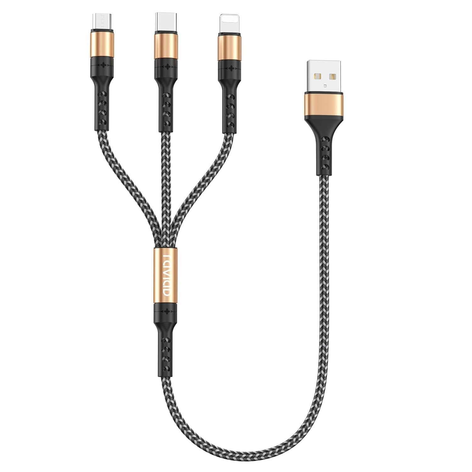 Multi Charger Cable Short [0.5M] 3 in 1 Charging Cable USB Cable Phone Charger Cable with Lightning + USB C + Micro Connector for Phone, Android Samsung Galaxy, Huawei, Oneplus, Kindle- Gold
