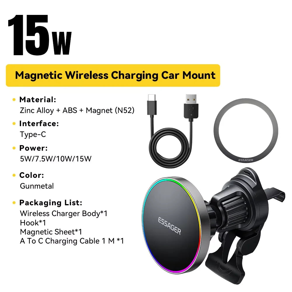 Essager 15W Car Charger Holder Adjustable 360 Degrees Fast Charging Magnetic Car Holder Wireless Charger for Iphone 16 15 14 Pro