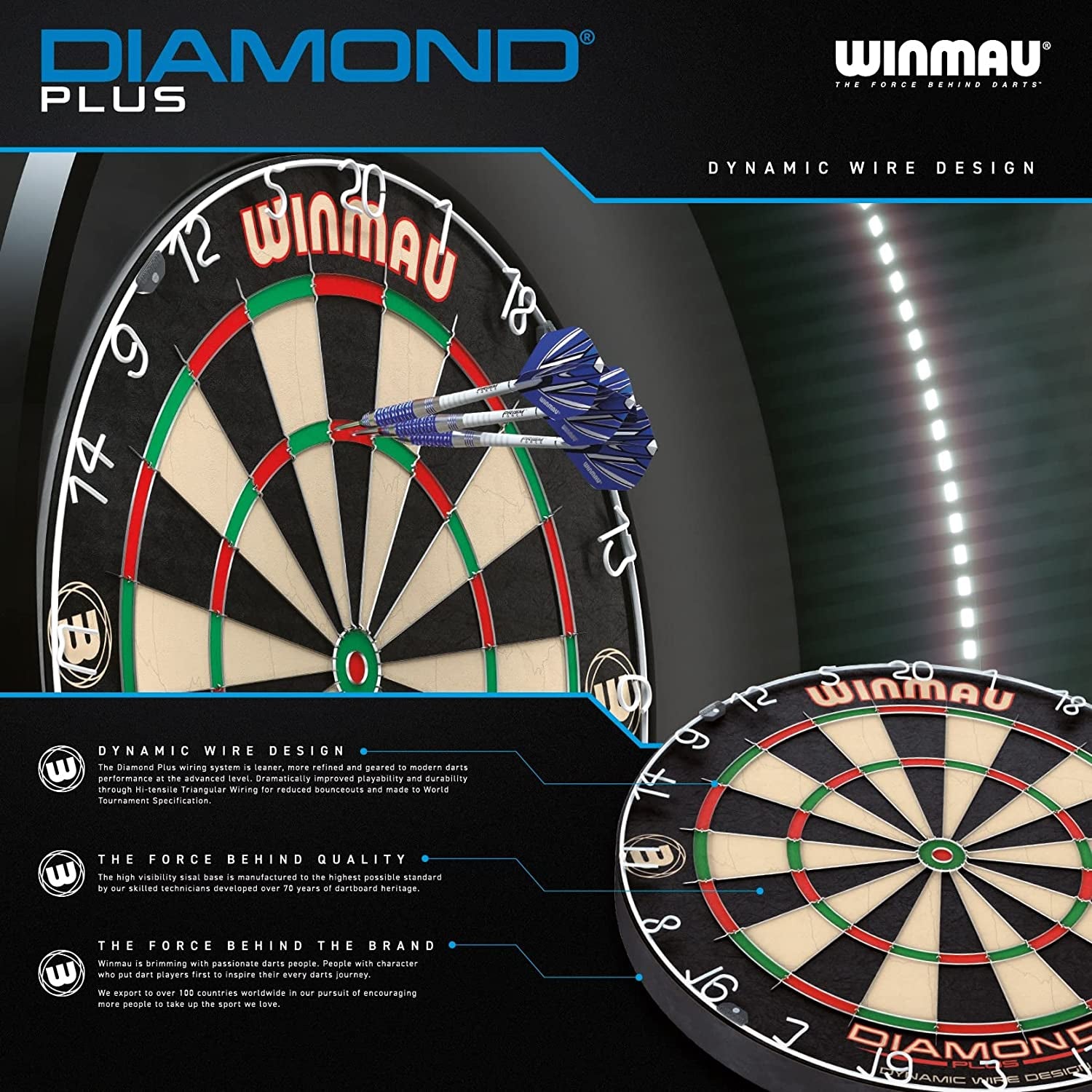 Diamond plus Dartboard- PDC Tournament Dart Board, Ultra-Thin Wire System, High-Density Sisal | Available as Board Only, Surround Set, or Cabinet Set with Steel Tip Darts