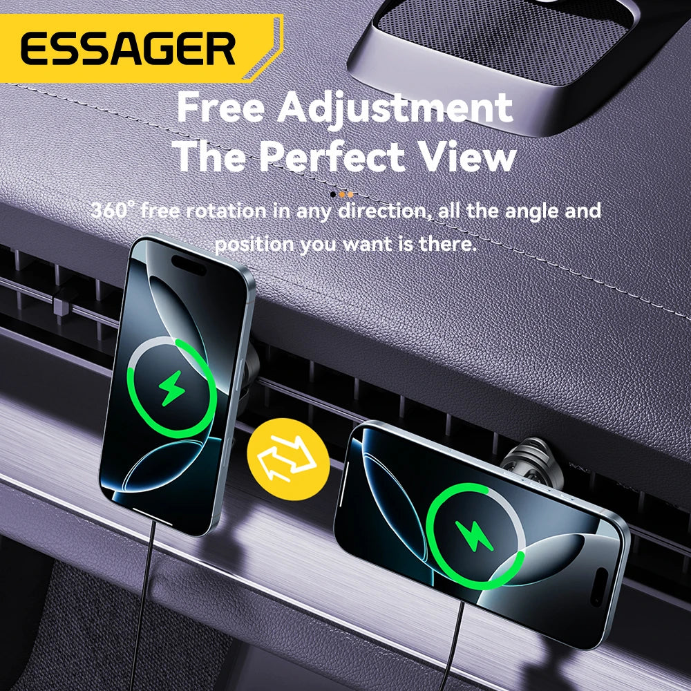 Essager 15W Car Charger Holder Adjustable 360 Degrees Fast Charging Magnetic Car Holder Wireless Charger for Iphone 16 15 14 Pro