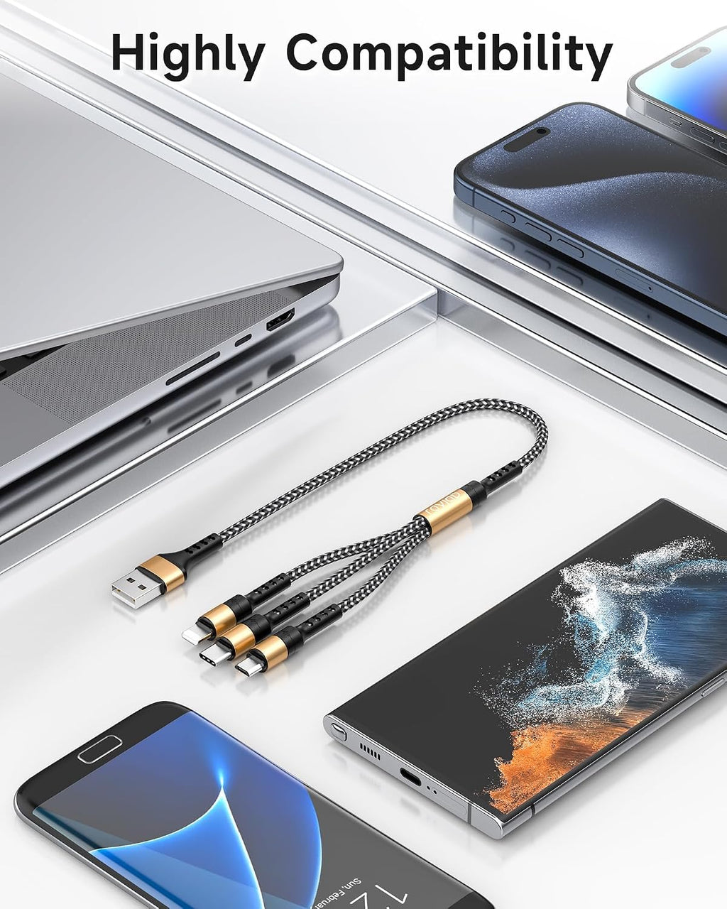 Multi Charger Cable Short [0.5M] 3 in 1 Charging Cable USB Cable Phone Charger Cable with Lightning + USB C + Micro Connector for Phone, Android Samsung Galaxy, Huawei, Oneplus, Kindle- Gold